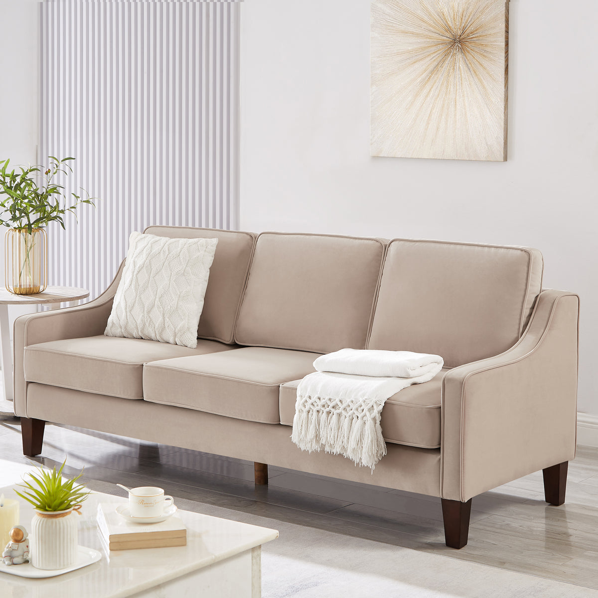 Modern 3 Person Seat Sofa Couch With Scooped Armrest Wood Legs,Upholstered Velvet 3 Seat Sofa With Removable Cushions For Livingroom Bedroom,Taupe Taupe Espresso Velvet Wood Primary Living Space Medium Soft Cushion Back American Design Rubberwood Square
