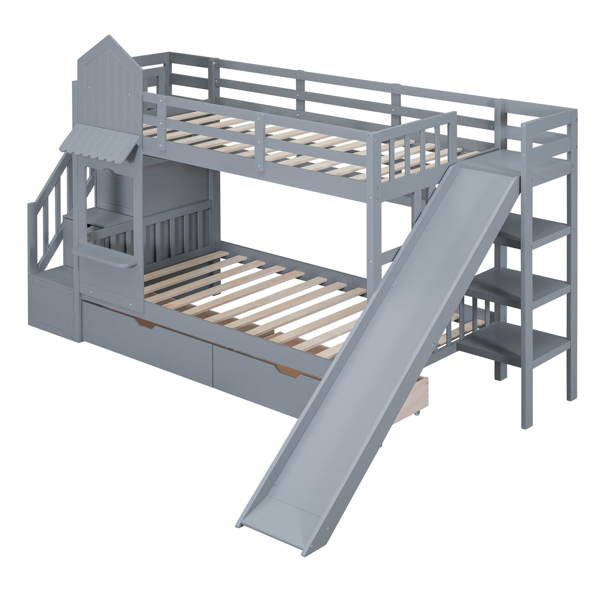 Twin Over Twin Castle Style Bunk Bed With 2 Drawers 3 Shelves And Slide Gray Gray Solid Wood