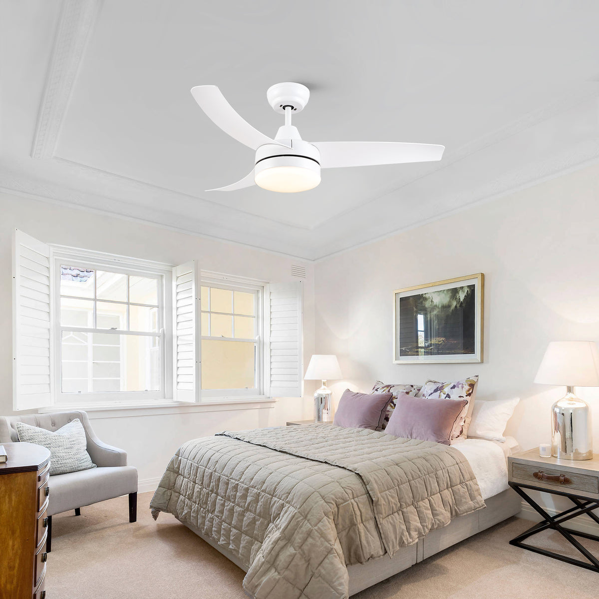 42 Inch Indoor White Ceiling Fan With Led Light Matte White Modern Abs Steel Q235 Abs Steel Q235