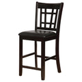 Black And Espresso Lattice Back Counter Height Stools Set Of 2 Solid Brown Espresso Dining Room Foam Spot Clean Transitional Rubberwood Open Back Foam Faux Leather