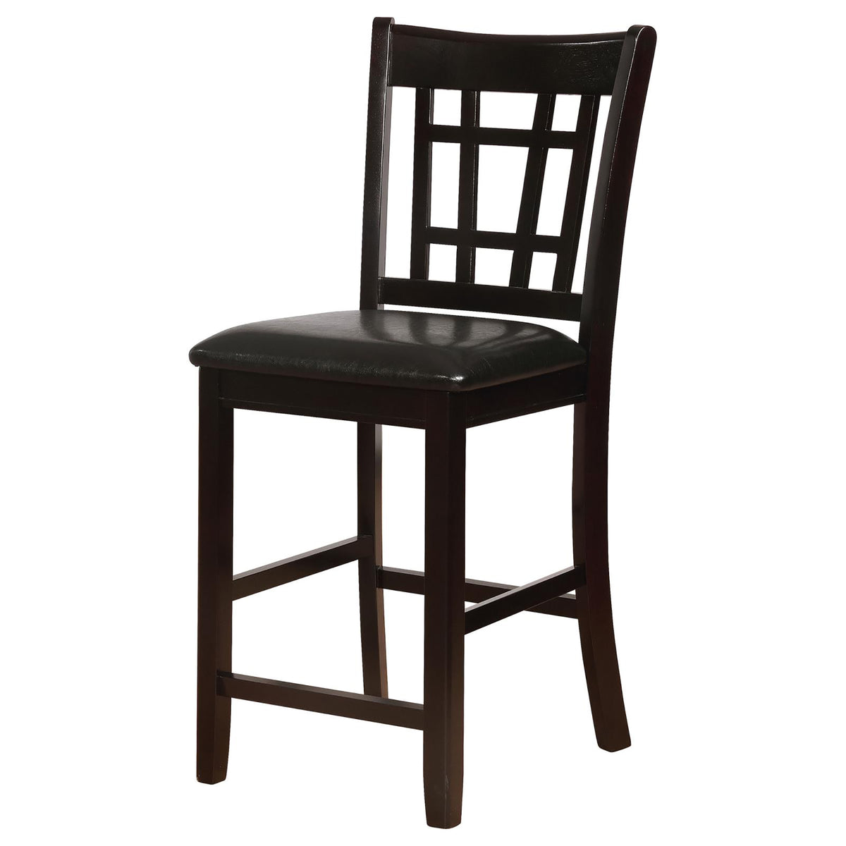 Black And Espresso Lattice Back Counter Height Stools Set Of 2 Solid Brown Espresso Dining Room Foam Spot Clean Transitional Rubberwood Open Back Foam Faux Leather