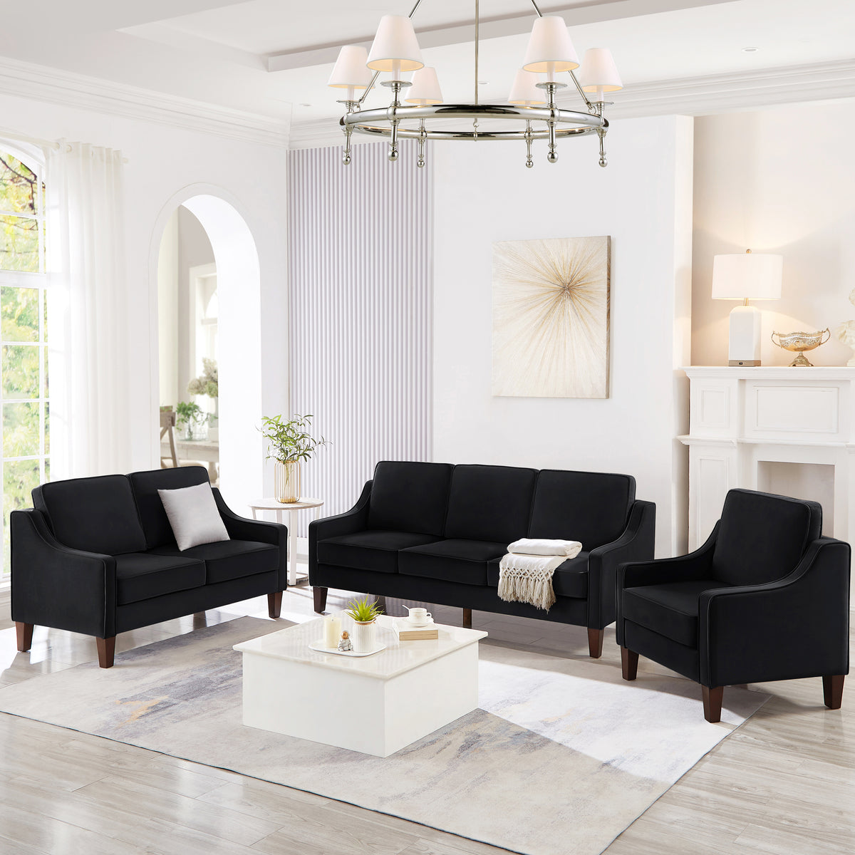 Modern Loveseat Sofa For Living Room, Upholstered Velvet Small Couch With Wooden Legs For Livingroom Bedroom, Black Black Espresso Velvet Wood Primary Living Space Medium Soft Cushion Back American Design Rubberwood Square Arms Foam Velvet 2 Seat