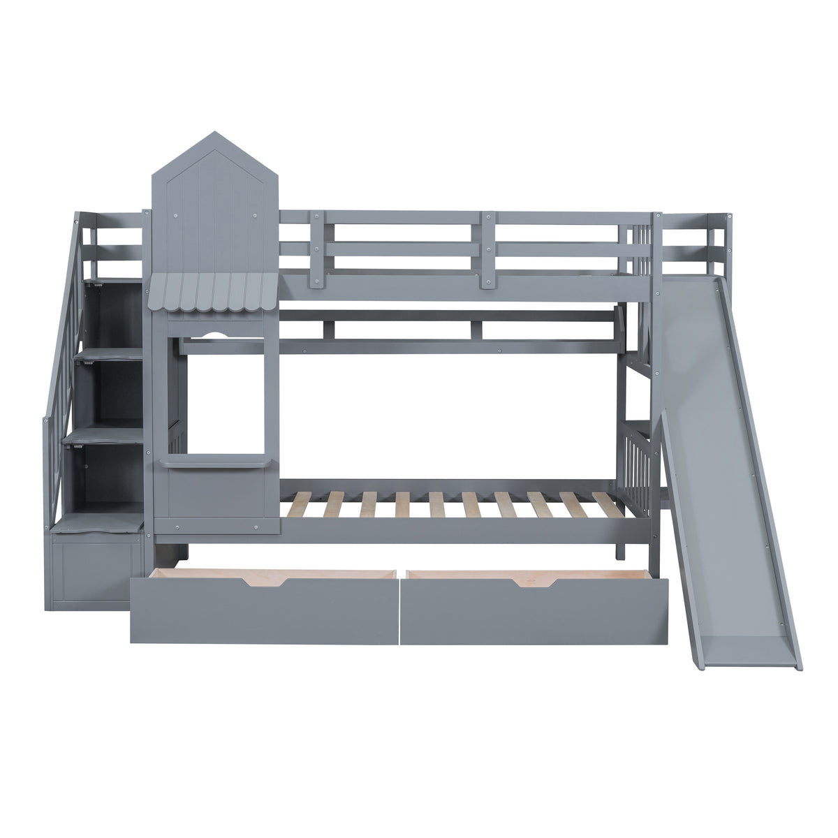 Twin Over Twin Castle Style Bunk Bed With 2 Drawers 3 Shelves And Slide Gray Gray Solid Wood