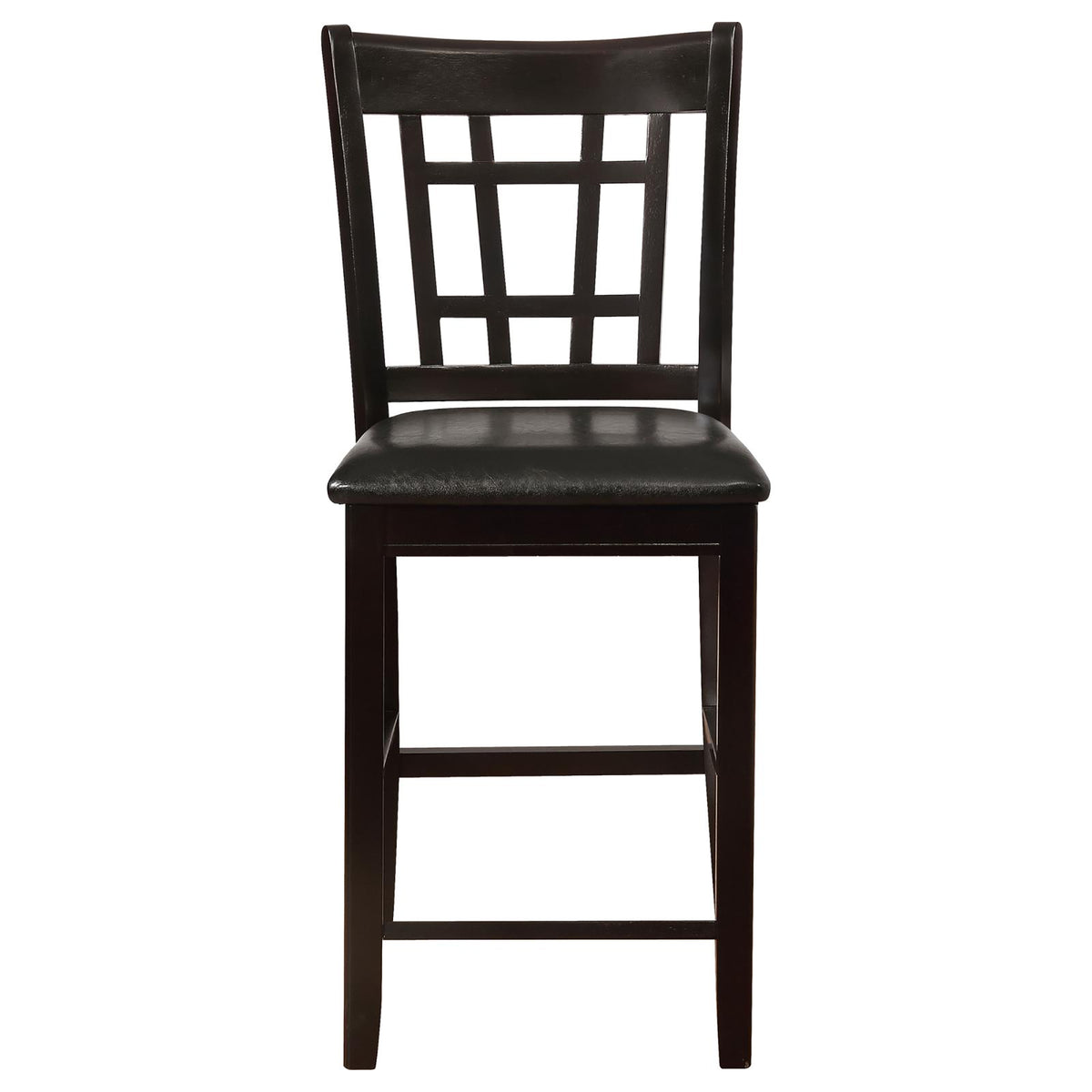 Black And Espresso Lattice Back Counter Height Stools Set Of 2 Solid Brown Espresso Dining Room Foam Spot Clean Transitional Rubberwood Open Back Foam Faux Leather