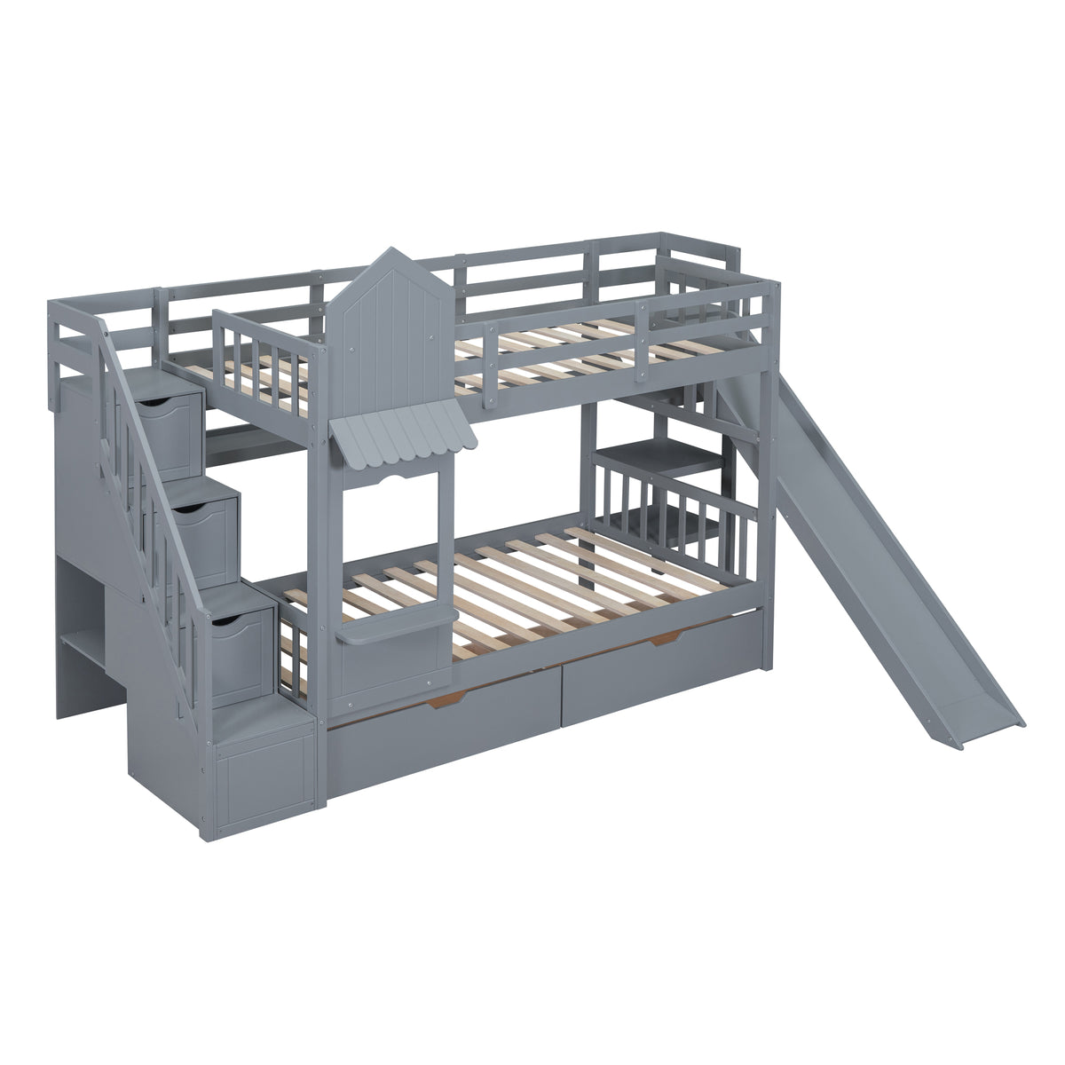 Twin Over Twin Castle Style Bunk Bed With 2 Drawers 3 Shelves And Slide Gray Gray Solid Wood