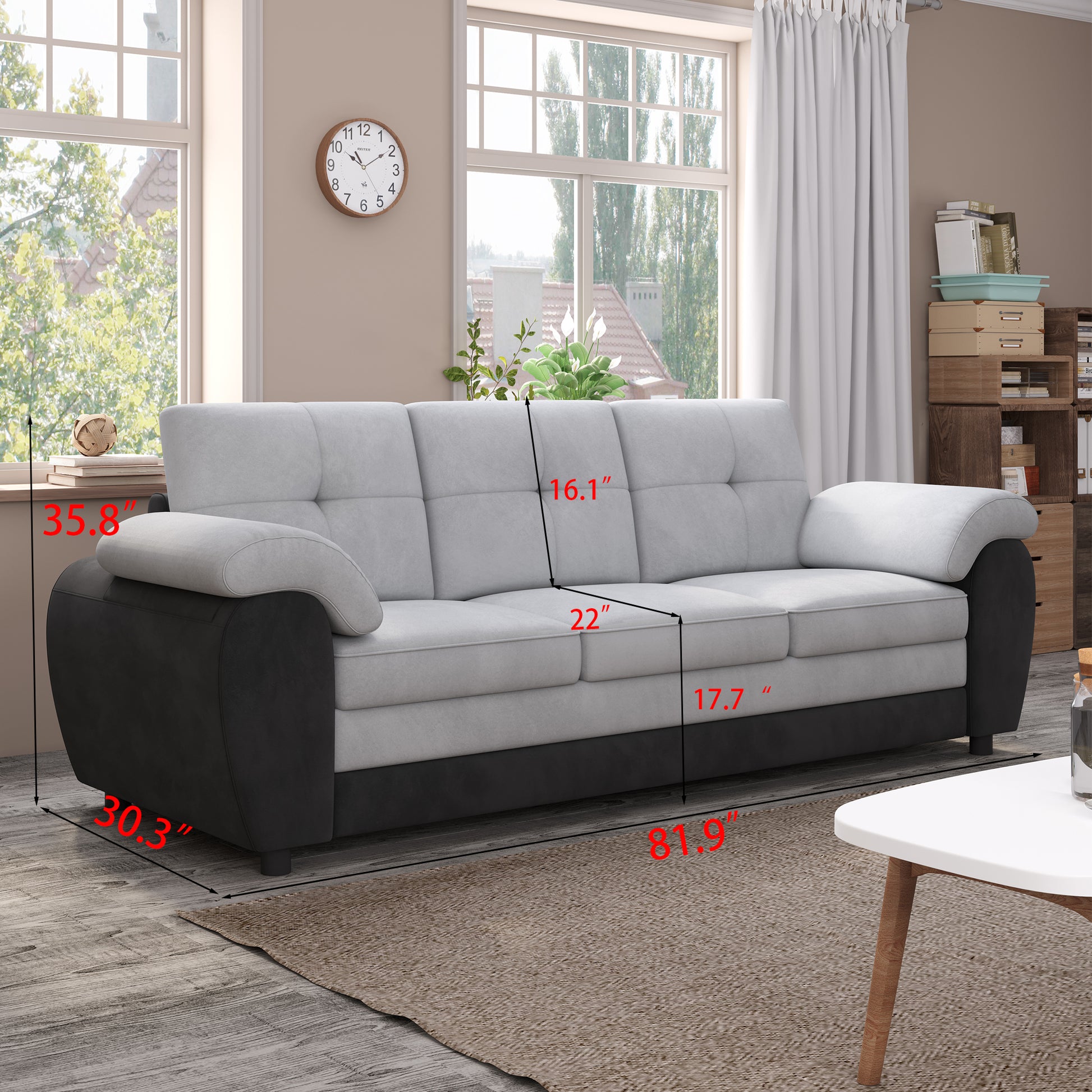81.9 Large Size Three Seat Sofa,Modern Upholstered,Black Leather Paired With Light Gray Velvet Black Gray Velvet Wood Primary Living Space Medium Firm Modern Eucalyptus Polyurethane Foam Eucalyptus