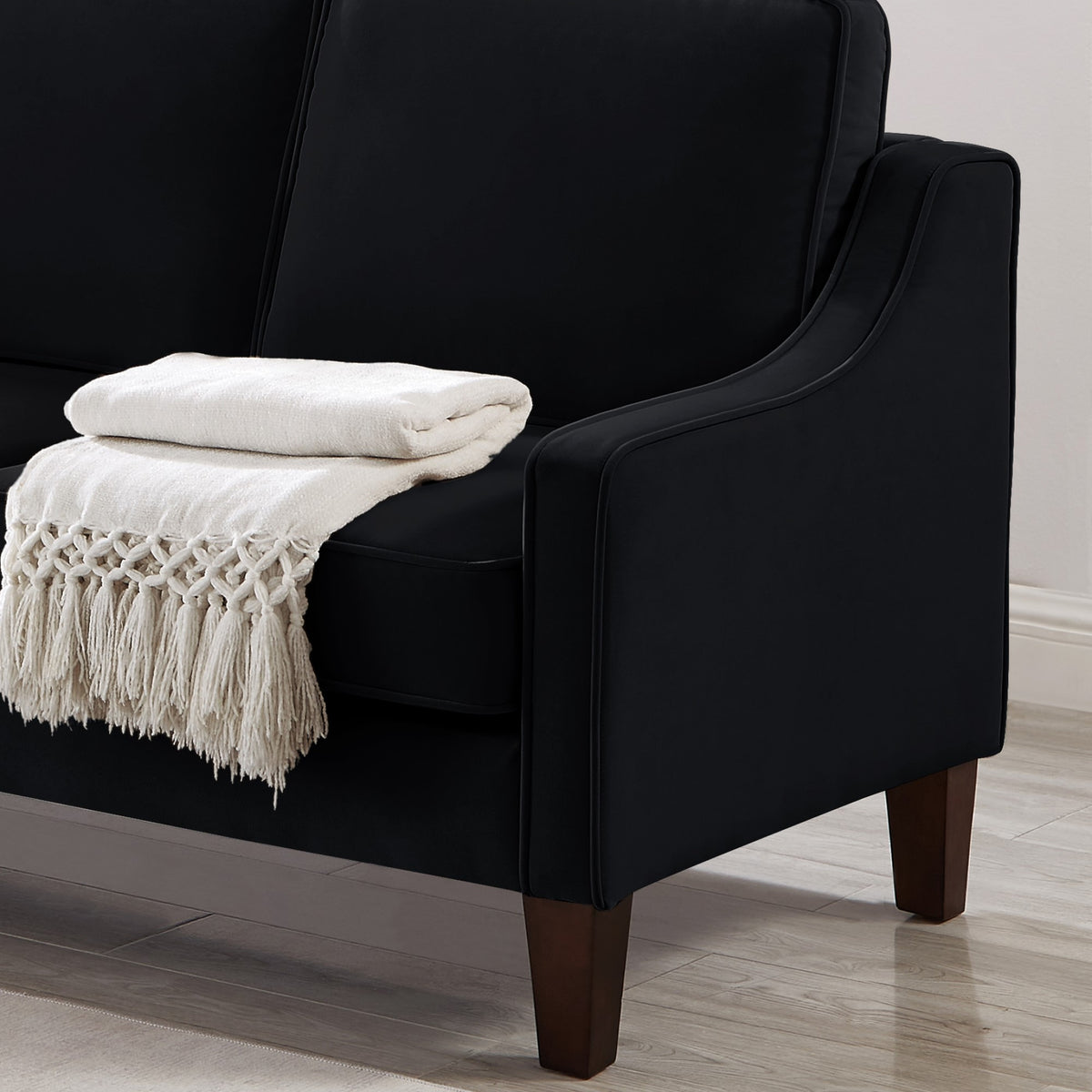 Modern Loveseat Sofa For Living Room, Upholstered Velvet Small Couch With Wooden Legs For Livingroom Bedroom, Black Black Espresso Velvet Wood Primary Living Space Medium Soft Cushion Back American Design Rubberwood Square Arms Foam Velvet 2 Seat