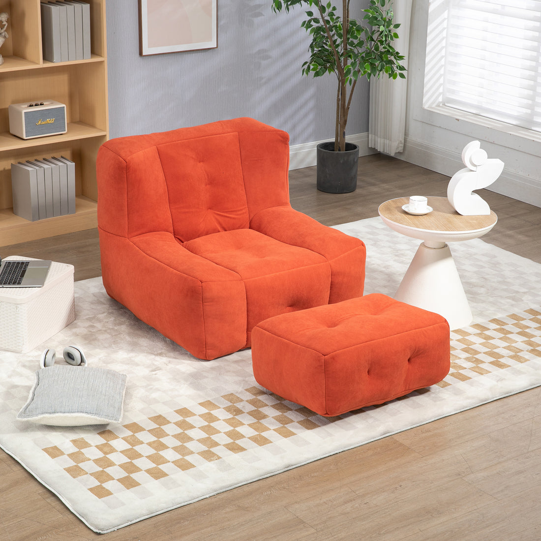 Fluffy Bean Bag Chair, Comfortable Bean Bag For Adults And Children, Super Soft Lazy Sofa Chair With Memory Foam And Ottoman, Indoor Modern Focus Bean Bag Chair For Living Room, Bedroom, Apartment Red Velvet