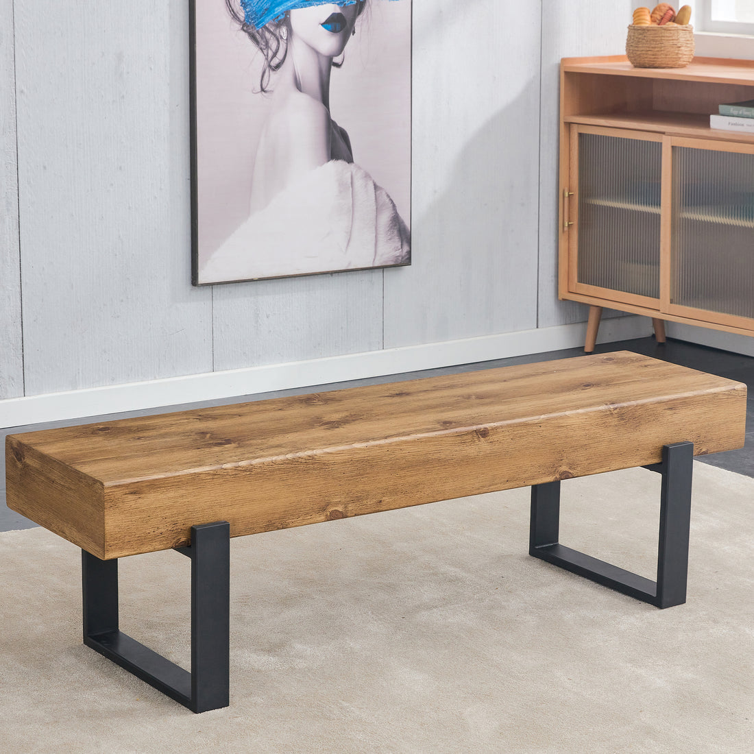 59" Dining Bench, Farmhouse Indoor Kitchen Table Benches, Bed Bench, Industrial Shoe Bench, Entryway Benches Natural Wood Wash Farmhouse,Mid Century Modern,Modern Mdf Mdf Metal