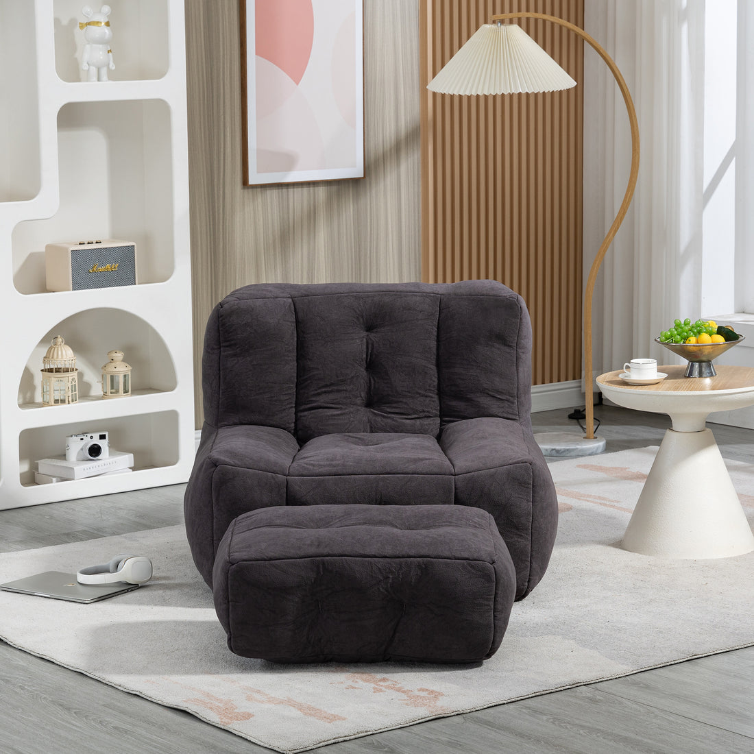 Fluffy Bean Bag Chair, Comfortable Bean Bag For Adults And Children, Super Soft Lazy Sofa Chair With Memory Foam And Ottoman, Indoor Modern Focus Bean Bag Chair For Living Room, Bedroom, Apartment Black Velvet