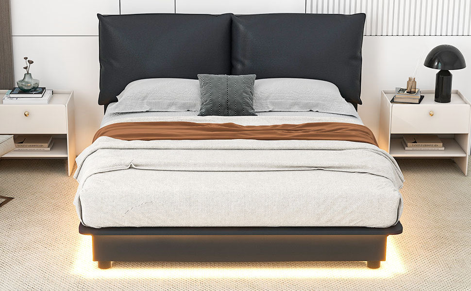 Queen Size Upholstered Platform Bed With Sensor Light And Ergonomic Design Backrests, Black Black Upholstered
