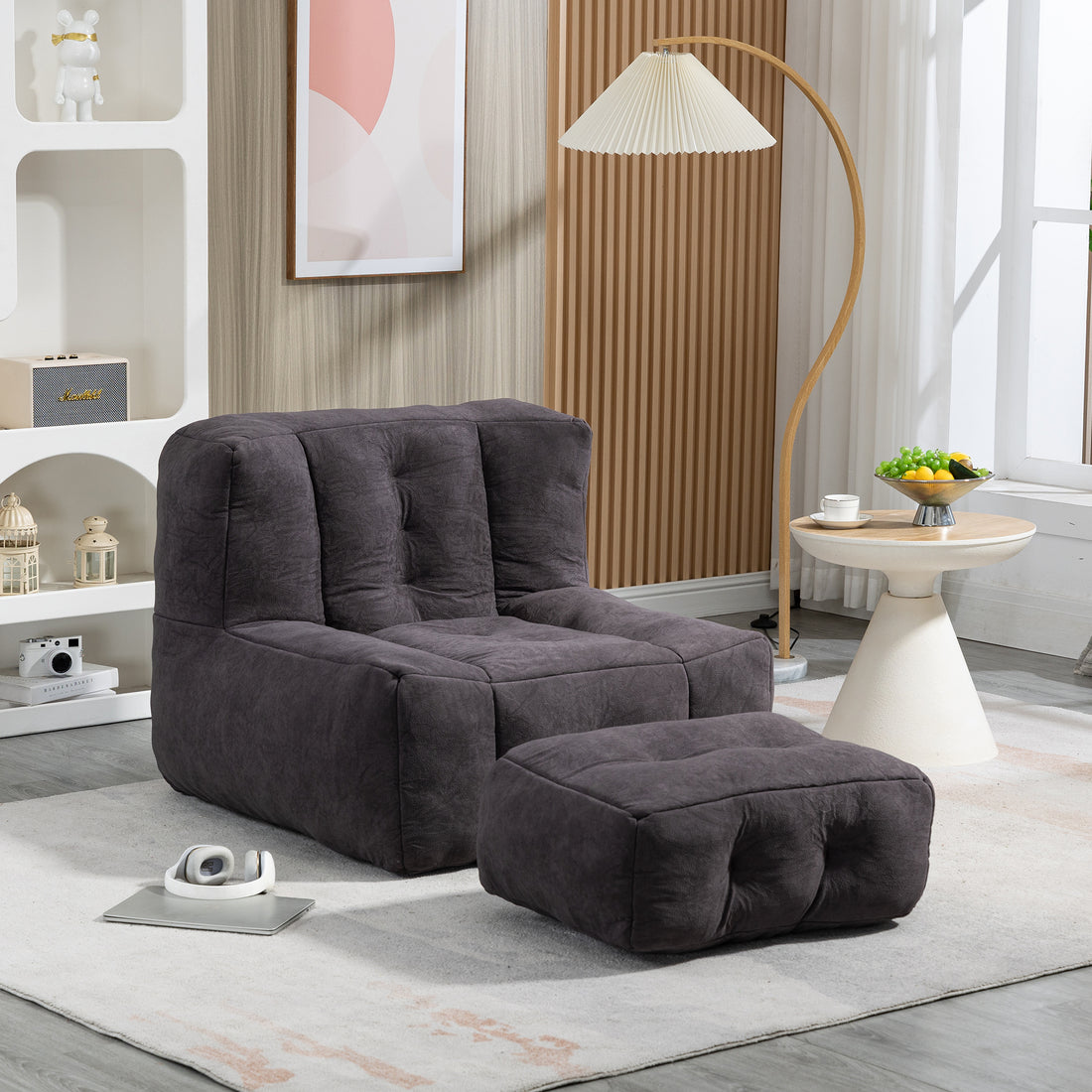 Fluffy Bean Bag Chair, Comfortable Bean Bag For Adults And Children, Super Soft Lazy Sofa Chair With Memory Foam And Ottoman, Indoor Modern Focus Bean Bag Chair For Living Room, Bedroom, Apartment Black Velvet