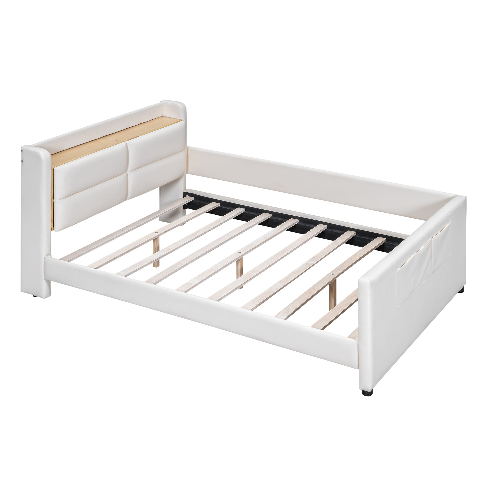 Full Size Upholstered Platform Bed With Guardrail, Storage Headboard And Footboard, Beige Box Spring Not Required Full Beige Wood Faux Leather Upholstered