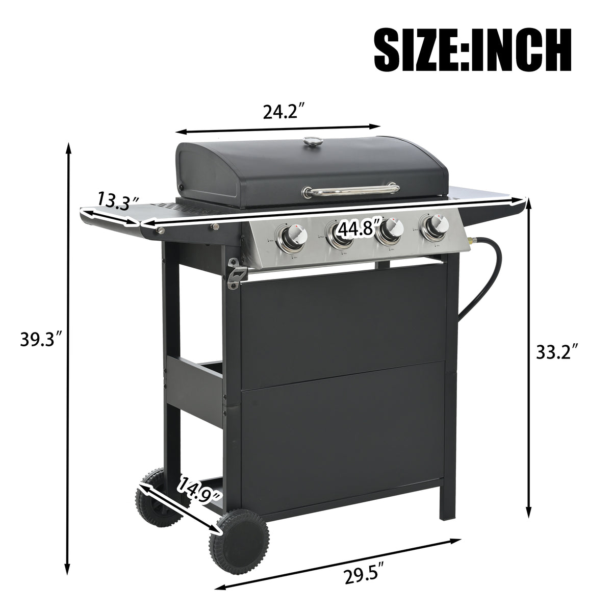 Propane Gas Grill 4 Burner Barbecue Grill, Stainless Steel 34,000 Btu Patio Garden Barbecue Grill With Two Shelves, Lid, Wheels And Bottle Opener Black Iron