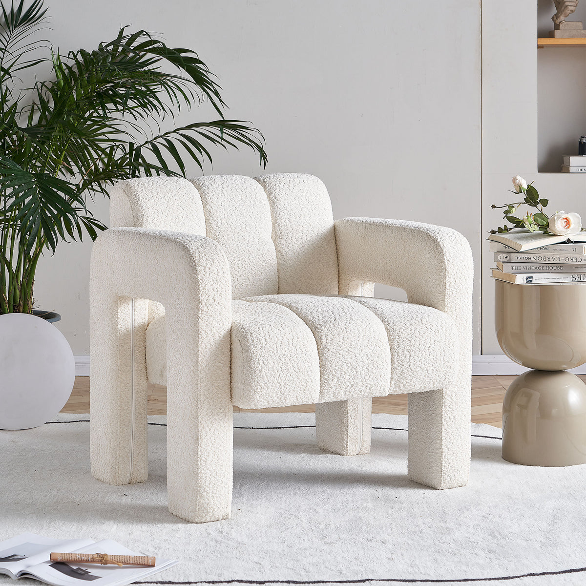 31.10" Wide Boucle Upholstered Accent Chair Beige Primary Living Space Modern Fiber Foam And Polyester Fiber Pad Boucle