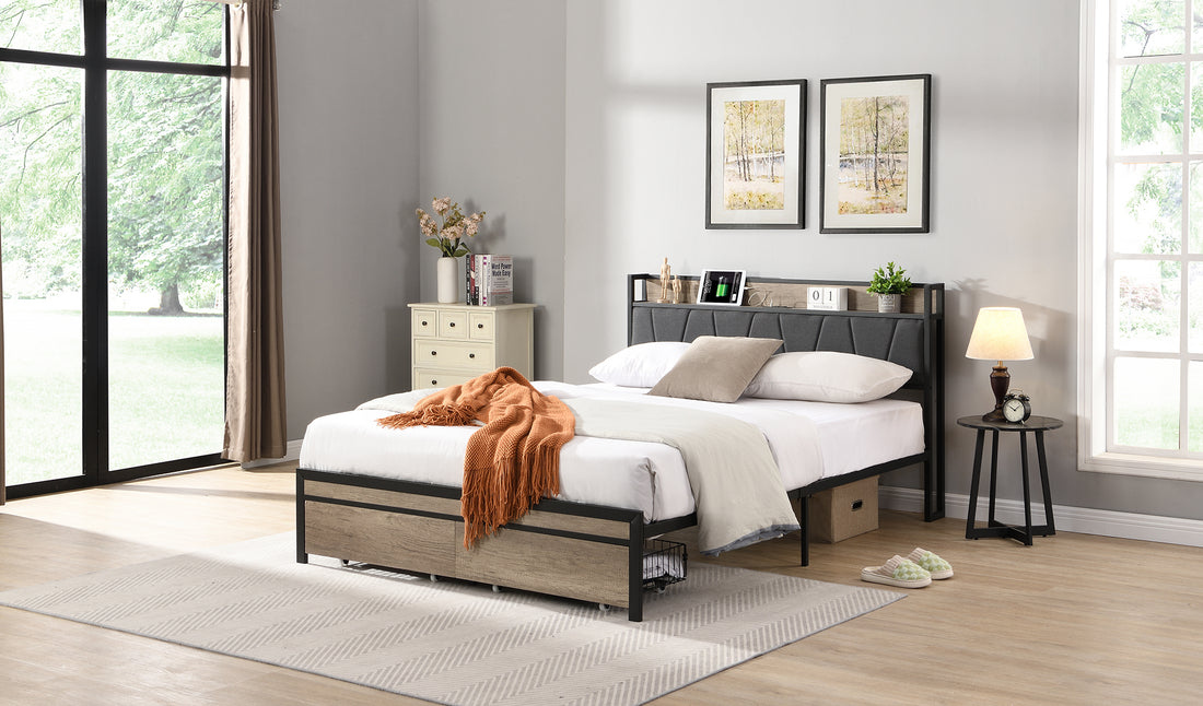 Queen Size Metal Platform Bed Frame With Upholstery Storage Function Headboardand Usb Liner And Footboard With Drawersno Box Spring Needed, Large Under Bed Storage, Easy Assemble Black Gray Mdf Metal