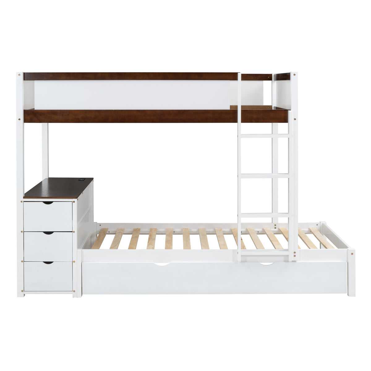 Twin Over Twin Bunk Bed With Twin Size Trundle, Storage And Desk, White Walnut White Walnut Solid Wood