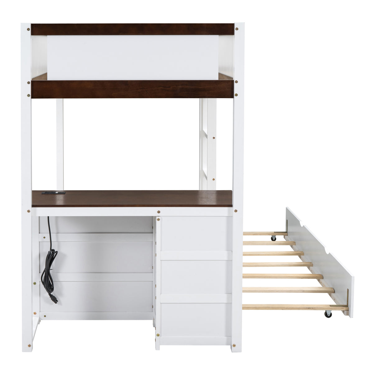 Twin Over Twin Bunk Bed With Twin Size Trundle, Storage And Desk, White Walnut White Walnut Solid Wood