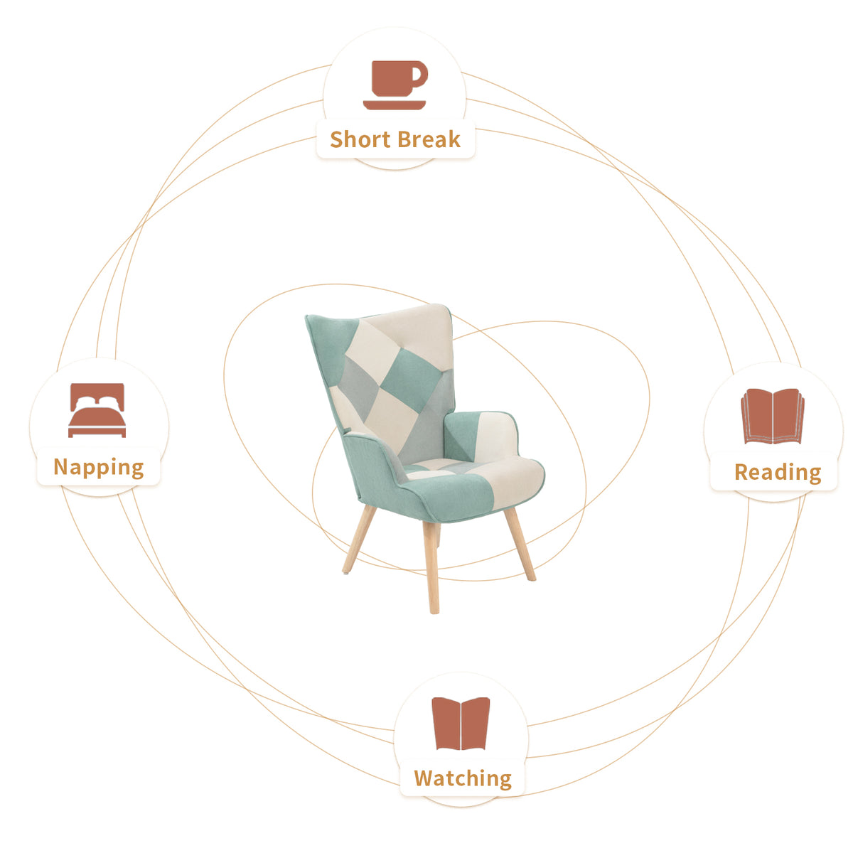 Accent Chair With Ottoman, Living Room Chair And Ottoman Set, Comfy Side Armchair For Bedroom, Creative Splicing Cloth Surface Blue Solid Wood
