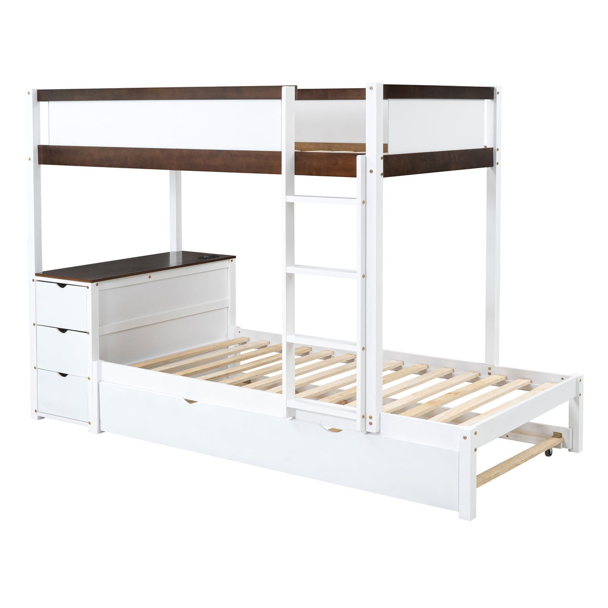 Twin Over Twin Bunk Bed With Twin Size Trundle, Storage And Desk, White Walnut White Walnut Solid Wood