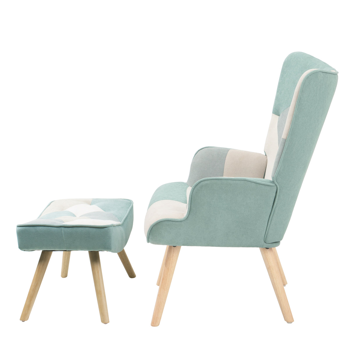 Accent Chair With Ottoman, Living Room Chair And Ottoman Set, Comfy Side Armchair For Bedroom, Creative Splicing Cloth Surface Blue Solid Wood