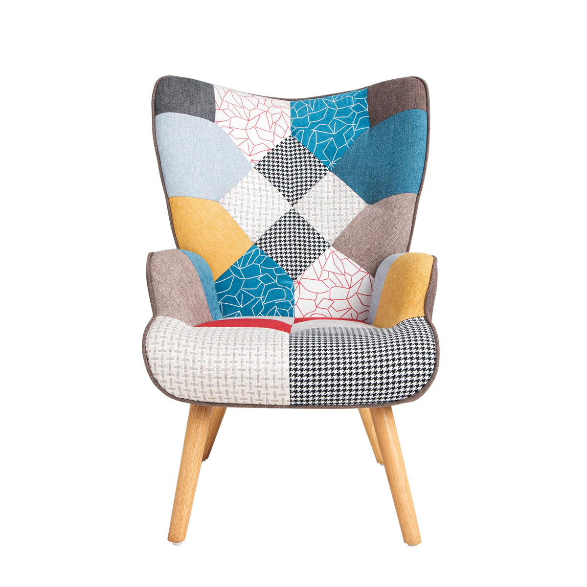 Accent Chair With Ottoman, Living Room Chair And Ottoman Set, Comfy Side Armchair For Bedroom, Creative Splicing Cloth Surface Colorful Solid Wood