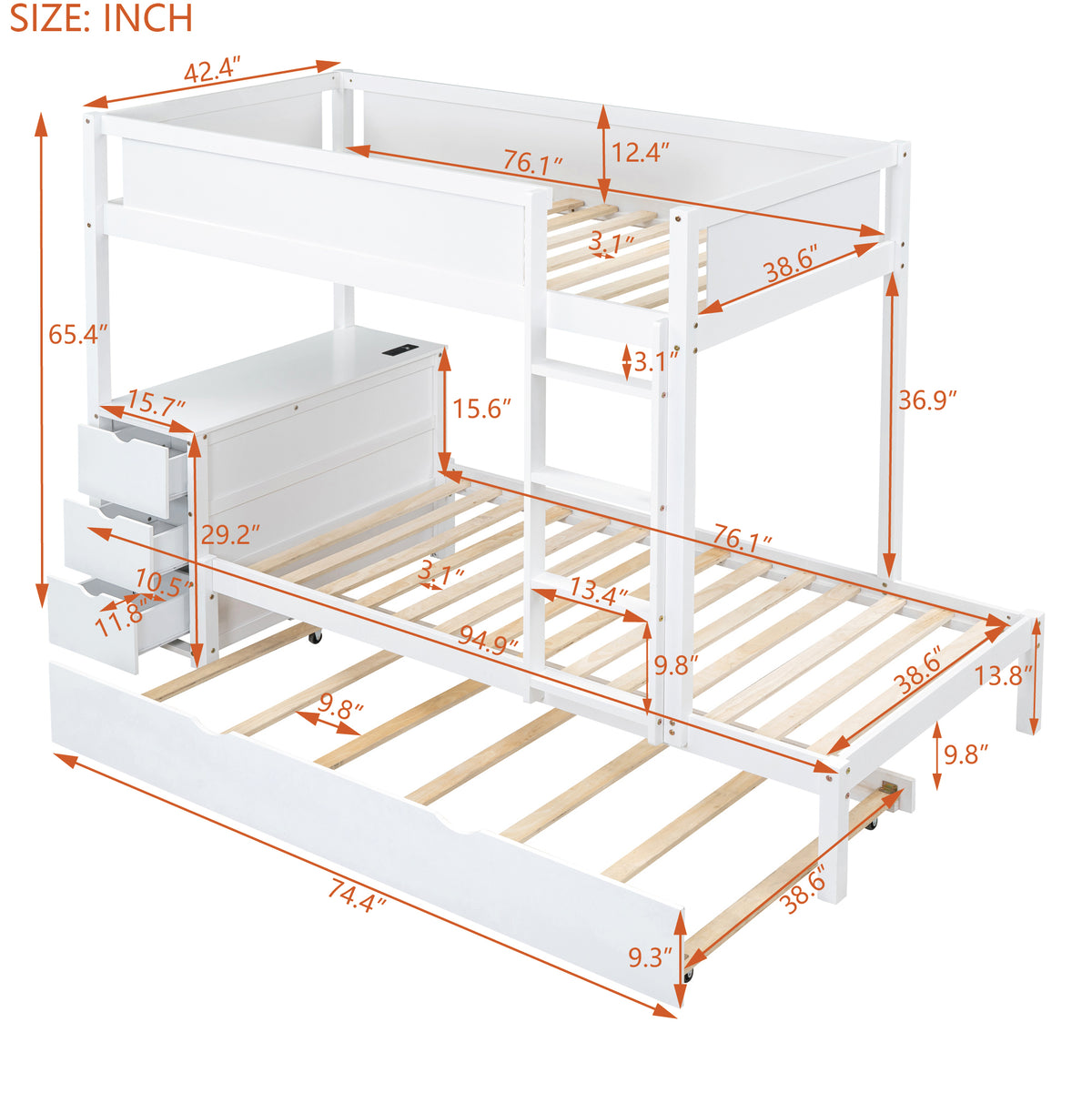 Twin Over Twin Bunk Bed With Twin Size Trundle, Storage And Desk, White White Solid Wood