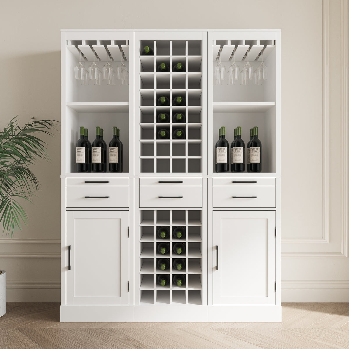 Brown Walnut Color Modular Wine Bar Cabinet With Storage Shelves With Hutch For Dining Room White Mdf