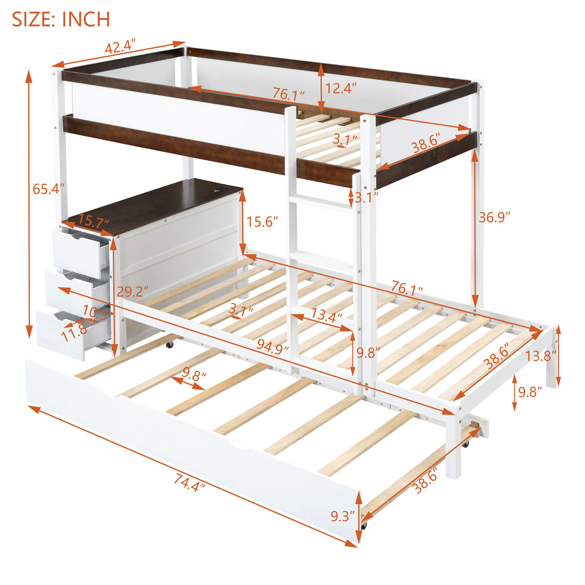Twin Over Twin Bunk Bed With Twin Size Trundle, Storage And Desk, White Walnut White Walnut Solid Wood