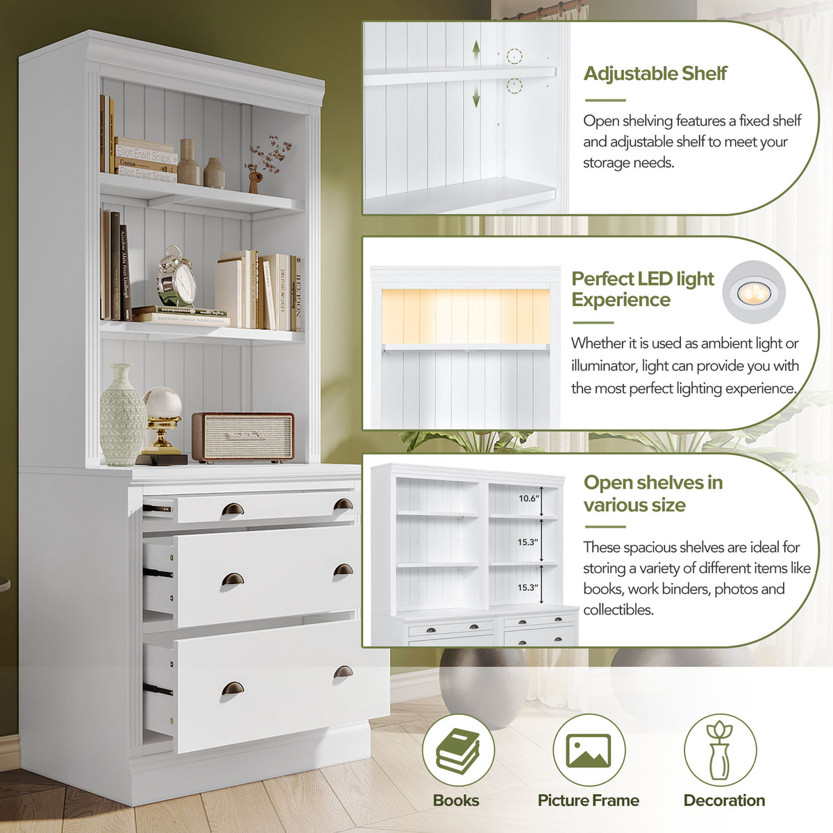 83.4"Tall Bookshelf &Writting Desk Suite,Modern Bookcase Suite With Led Lighting, Drawers,Study Desk And Open Shelves,2 Piece Set Storage Bookshelf For Living Room,Home Office,Study Room,White White Solid Wood Mdf