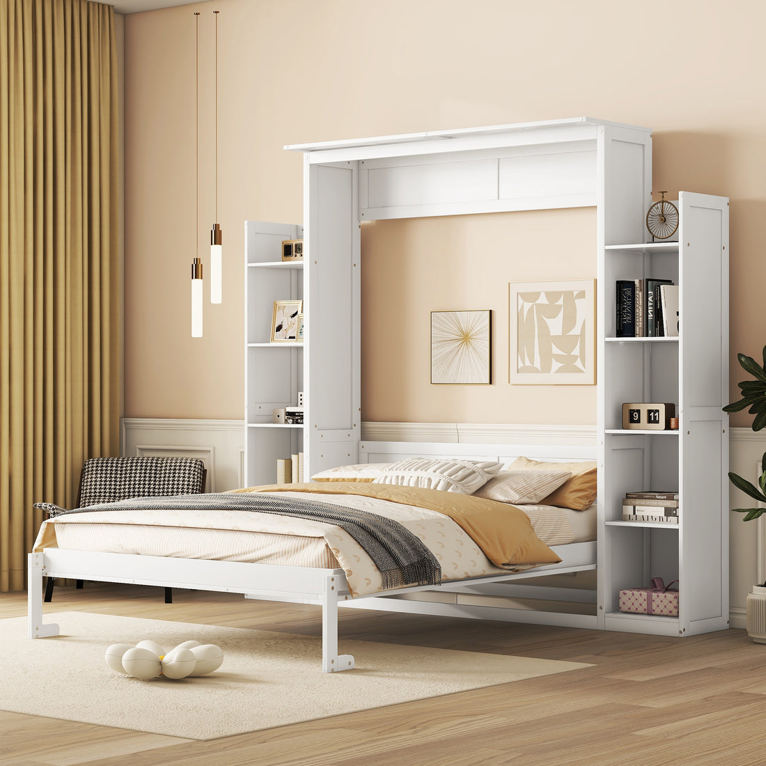 Queen Size Murphy Bed Wall Bed With Shelves And Led Lights,White White Solid Wood Mdf