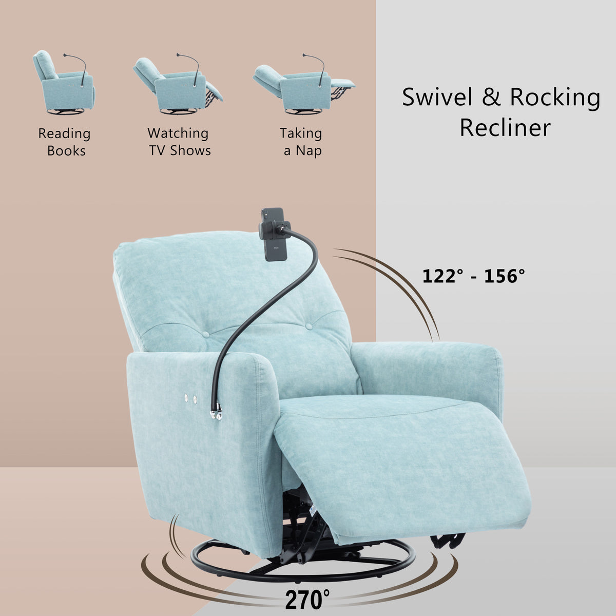 270 Degree Swivel Electric Recliner Home Theater Seating Single Reclining Sofa Rocking Motion Recliner With A Phone Holder For Living Room, Blue Blue Foam Polyester