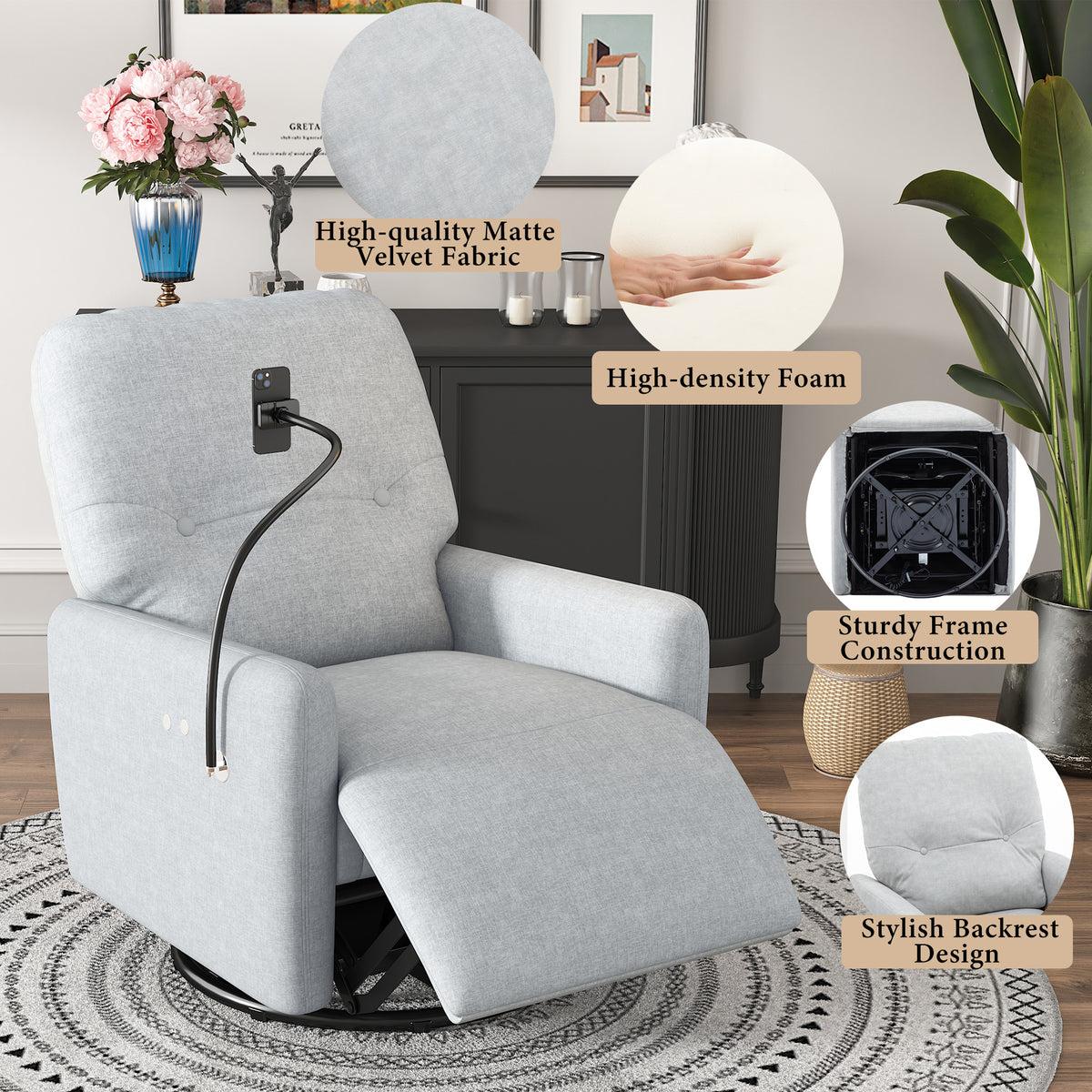 270 Degree Swivel Electric Recliner Home Theater Seating Single Reclining Sofa Rocking Motion Recliner With A Phone Holder For Living Room, Grey Grey Foam Polyester