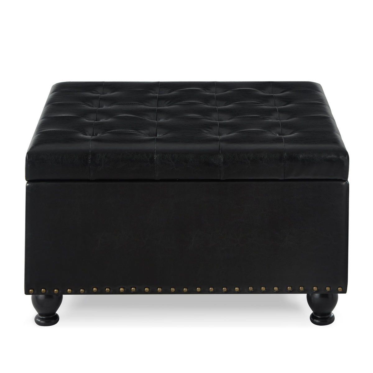 Large Square Storage Ottoman With Wooden Legs, Upholstered Button Tufted Coffee Table With Nail Trims For Living Space, Black Espresso Wood Primary Living Space Black Solid Rubberwood Wood With Storage Black Pu Faux Leather Faux Leather Backless Medium