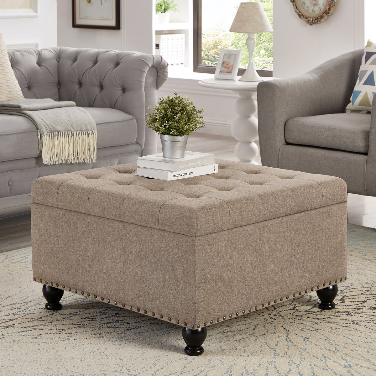 Large Square Storage Ottoman With Wooden Legs, Upholstered Button Tufted Coffee Table With Nail Trims For For Living Space,Linen Espresso Wood Primary Living Space Black Solid Rubberwood Wood With Storage Linen Linen Linen Or Linen Blend Backless Medium