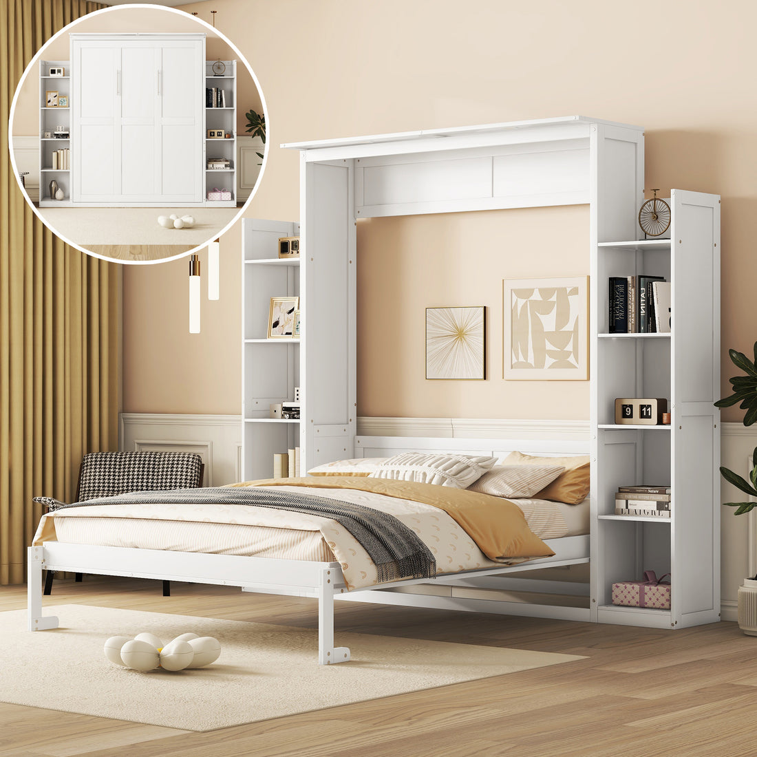 Queen Size Murphy Bed Wall Bed With Shelves And Led Lights,White White Solid Wood Mdf