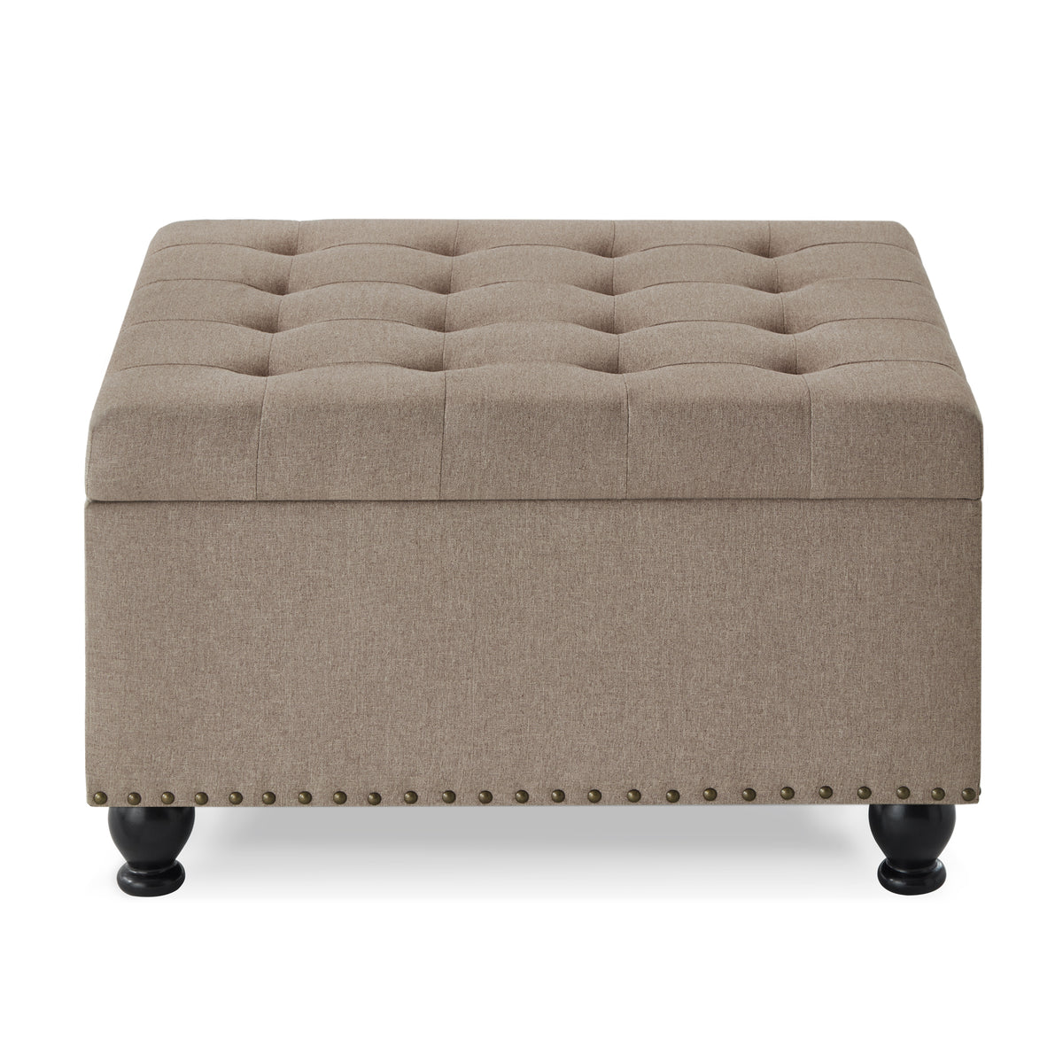 Large Square Storage Ottoman With Wooden Legs, Upholstered Button Tufted Coffee Table With Nail Trims For For Living Space,Linen Espresso Wood Primary Living Space Black Solid Rubberwood Wood With Storage Linen Linen Linen Or Linen Blend Backless Medium