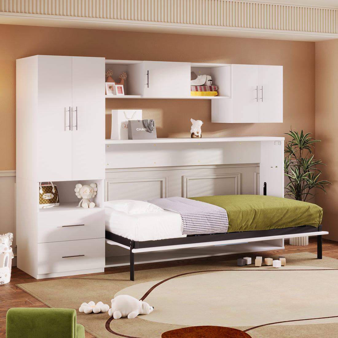 Twin Size Murphy Bed With Open Shelves And Storage Drawers,Built In Wardrobe And Table, White Twin White Solid Wood Mdf