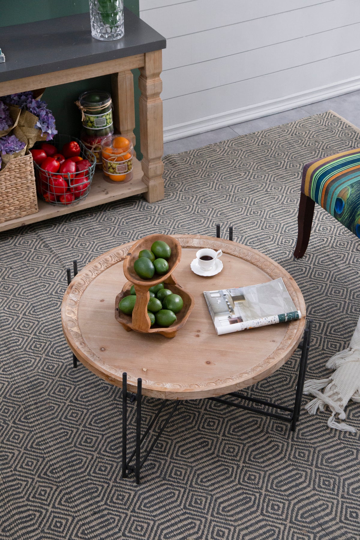 D32" X 18" Farmhouse Round Wooden Round Coffee Table With Metal Legs Black Brown Wood Metal