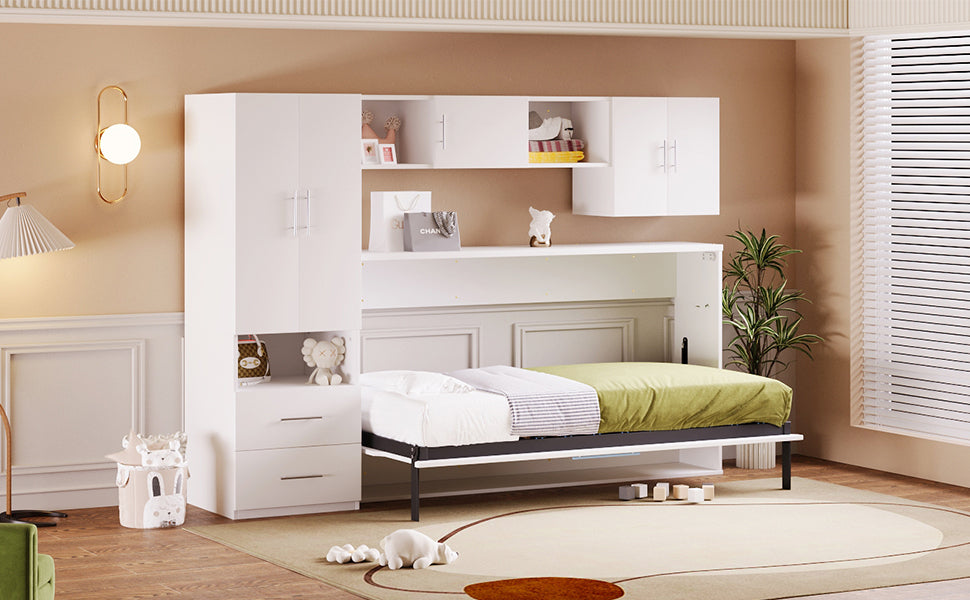 Twin Size Murphy Bed With Open Shelves And Storage Drawers,Built In Wardrobe And Table, White Twin White Solid Wood Mdf