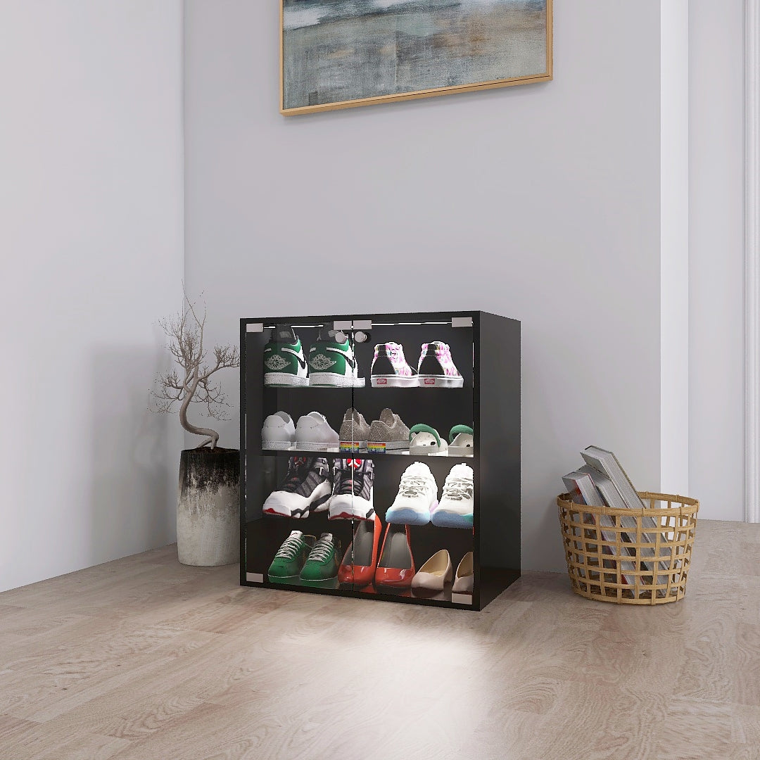 4 Layers Black Shoe Cabinet With Glass Door And Glass Layer Shoes Display Cabinet With Led Light Bluetooth Control Standard 3 4 Spaces Black Primary Living Space Adjustable Shelves Modern Mdf Glass