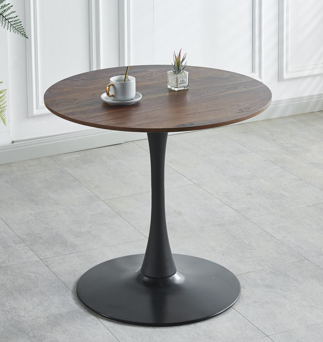 31.5"Black And Walnut Tulip Table Mid Century Dining Table For 2 4 People With Round Mdf Table Top, Pedestal Dining Table, End Table Leisure Coffee Table Walnut Black Mdf