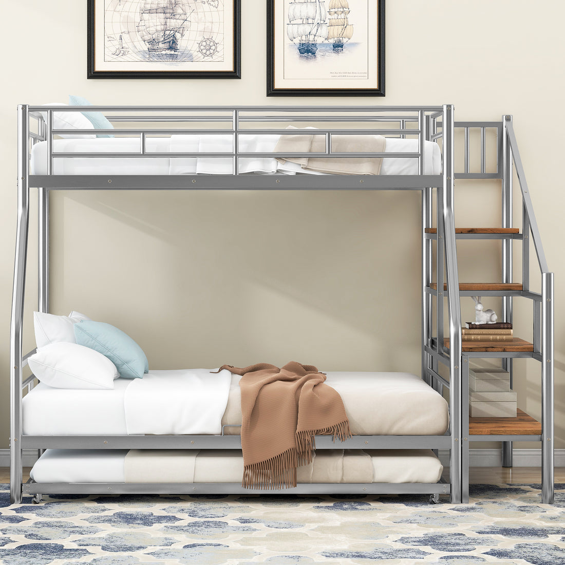 Twin Over Full Size Metal Bunk Bed With Trundle And Storage Staircase, Silver Twin Silver Metal