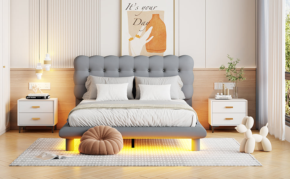 Queen Size Velvet Platform Bed With Led Frame, Thick & Soft Fabric And Button Tufted Design Headboard, Gray Gray Velvet