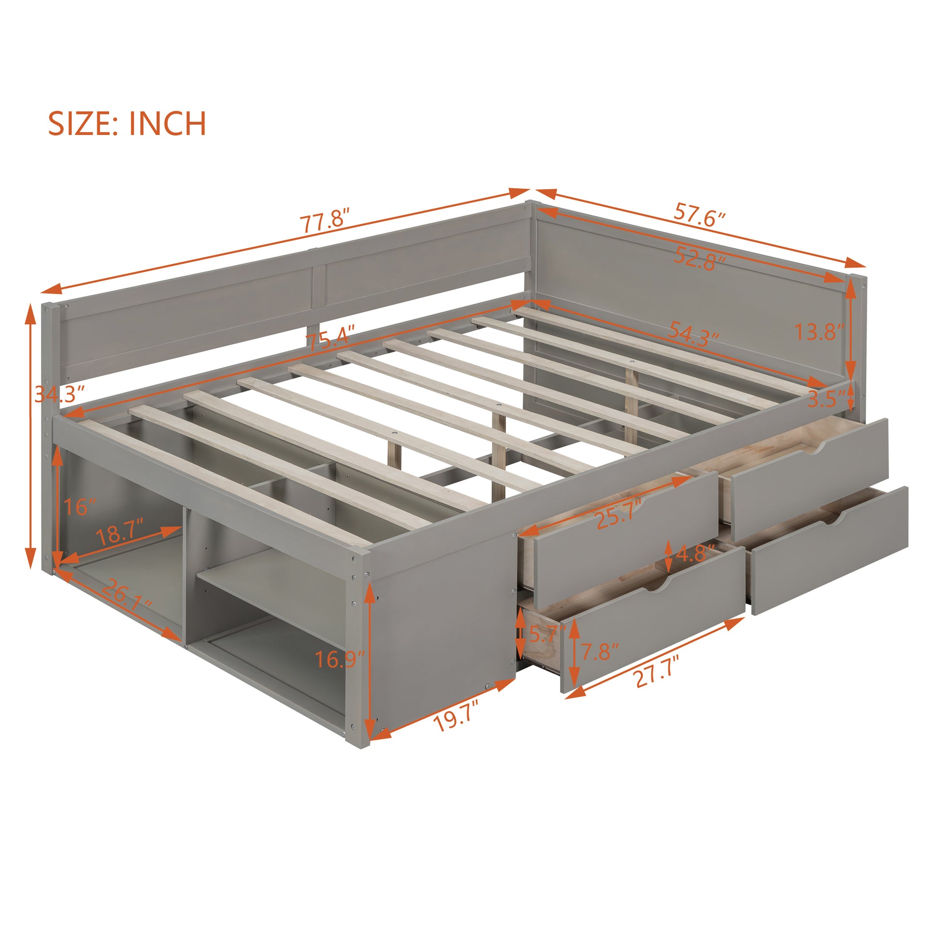 Full Size Daybed With Drawers And Shelves, Gray Full Gray Solid Wood