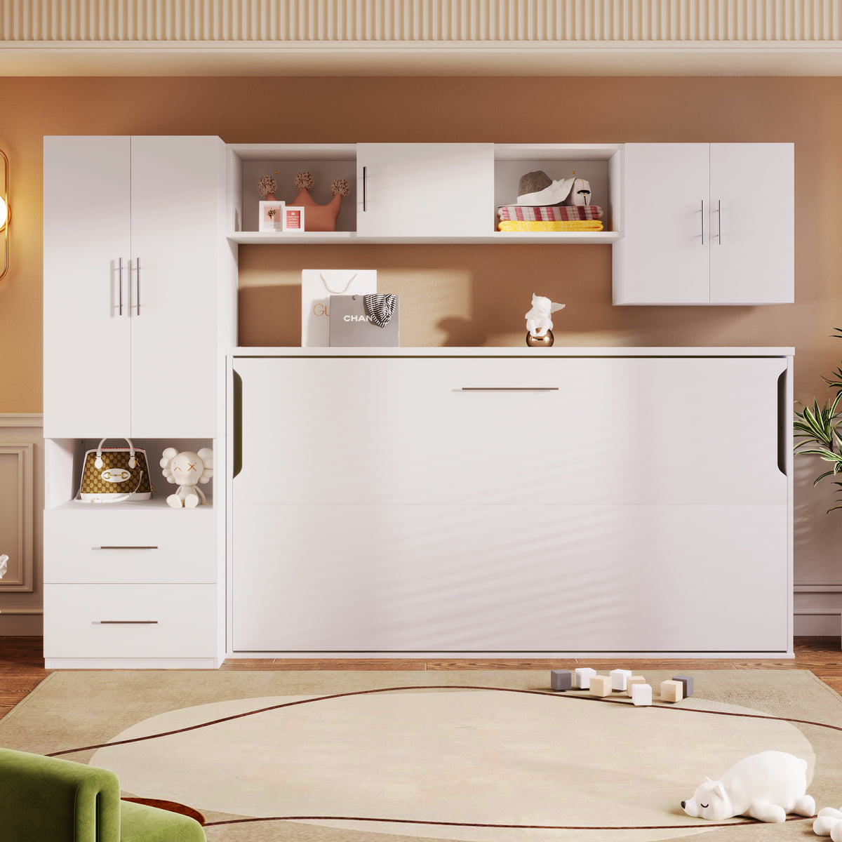 Twin Size Murphy Bed With Open Shelves And Storage Drawers,Built In Wardrobe And Table, White Twin White Solid Wood Mdf