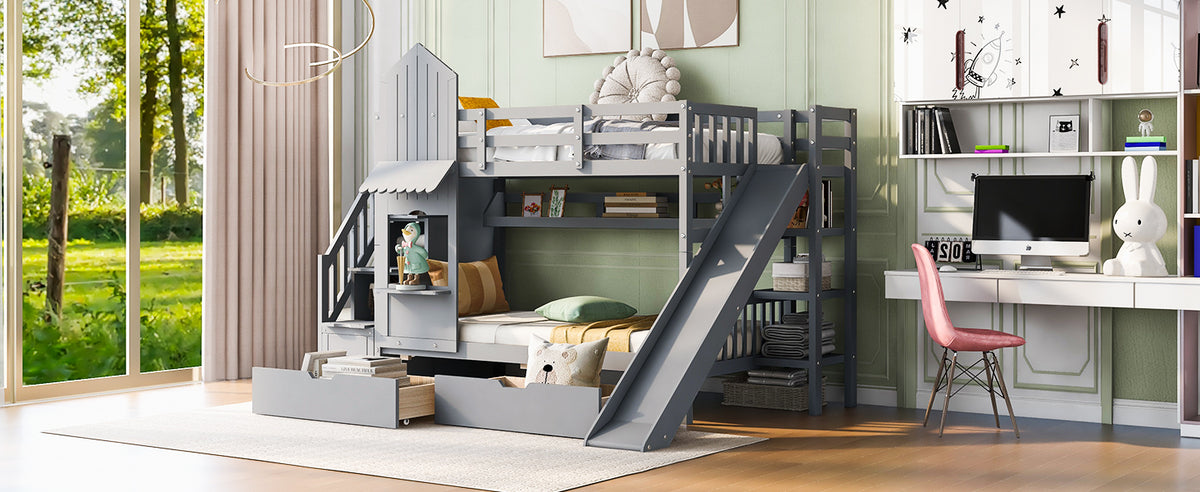 Twin Over Twin Castle Style Bunk Bed With 2 Drawers 3 Shelves And Slide Gray Gray Solid Wood
