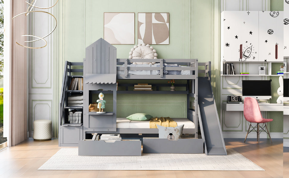 Twin Over Twin Castle Style Bunk Bed With 2 Drawers 3 Shelves And Slide Gray Gray Solid Wood
