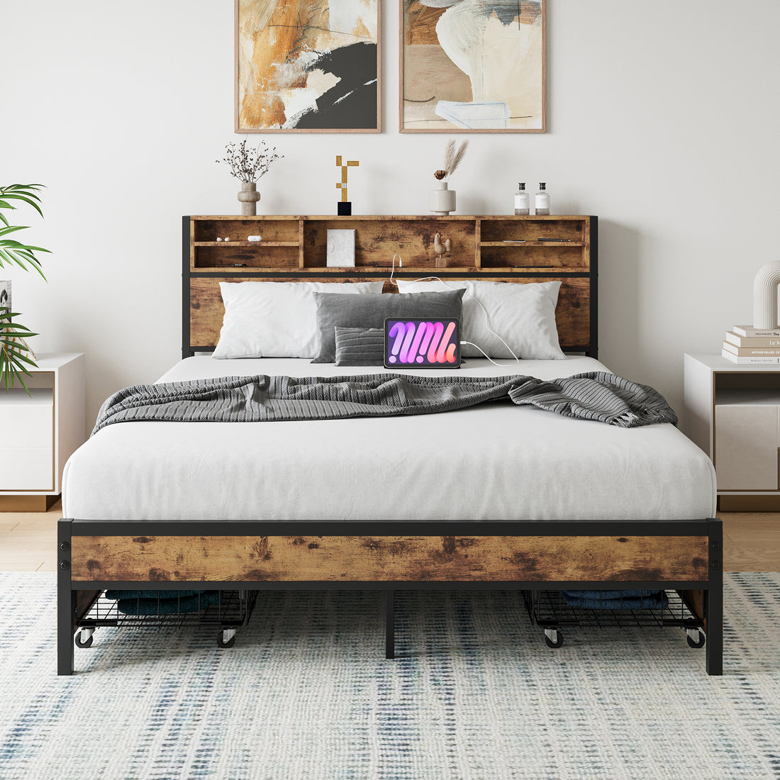 Queen Bed Frame With Storage Headboard And 4 Drawers Box Spring Not Required Queen Black Metal Bedroom Bed Frame Metal & Wood