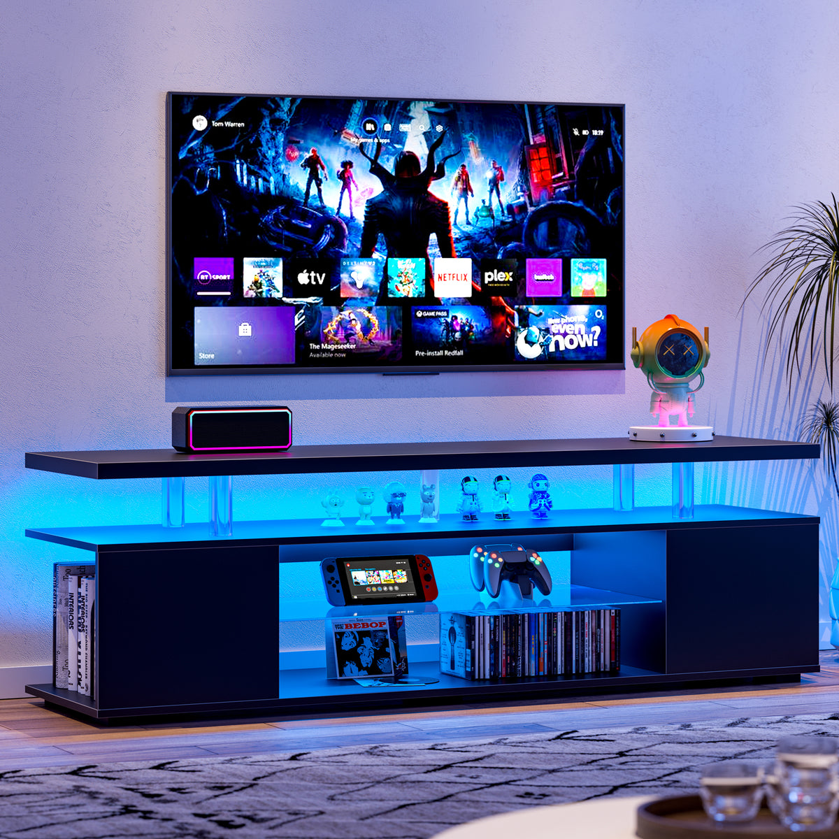 Tv Stand For 70 Inch Tv Led Gaming Entertainment Center Media Storage Console Table With Large Side Cabinet For Living Room Black Black Primary Living Space 60 69 Inches American Design,Modern 70 Inches Engineered Wood